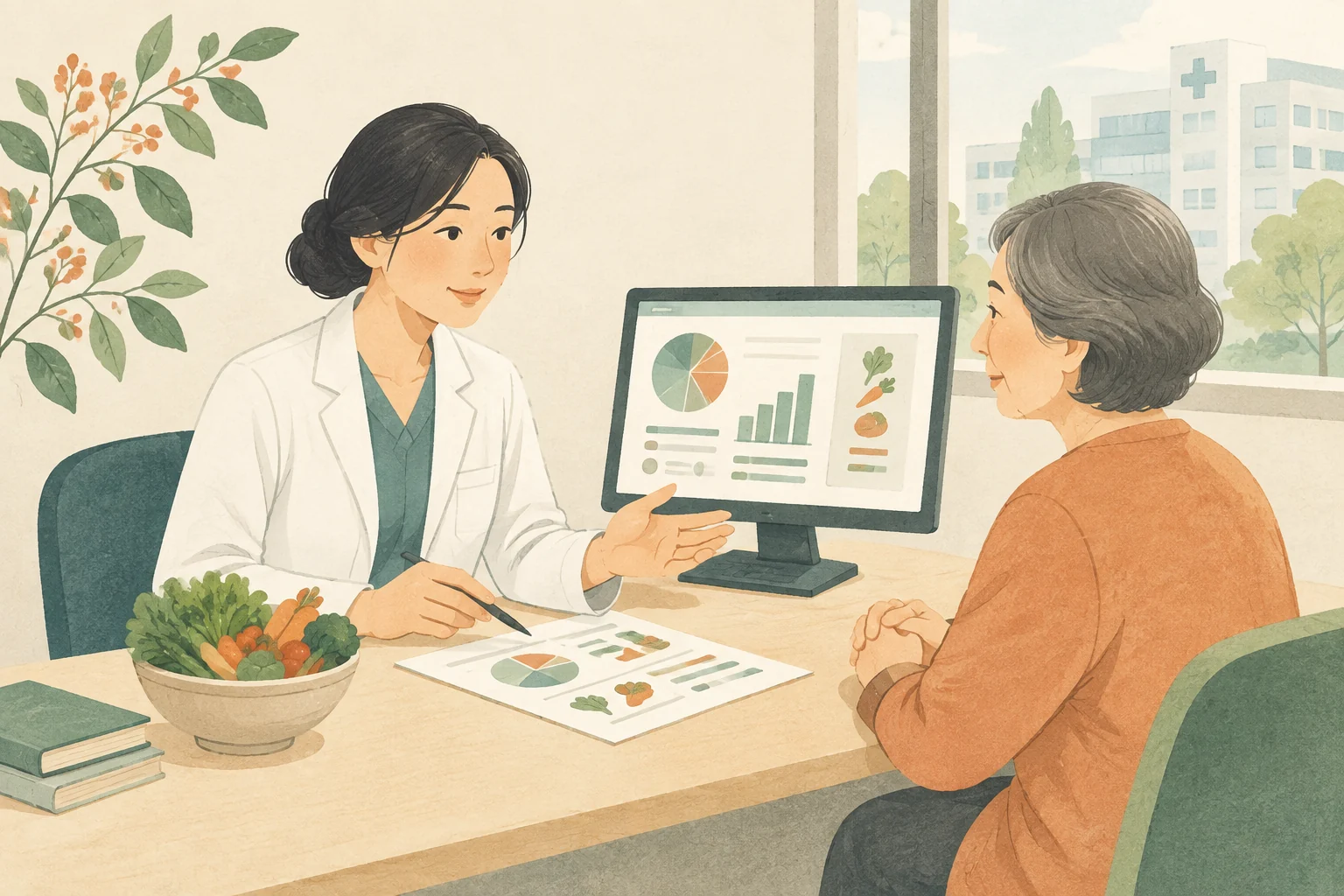 临床营养师与患者交流营养报告和饮食方案