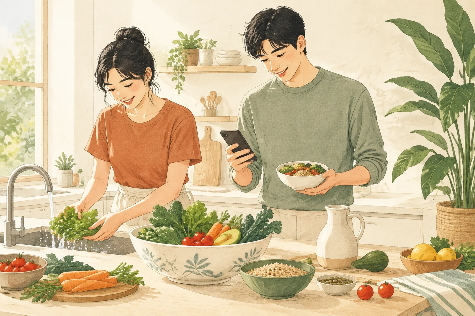 年轻家庭根据手机上的营养计划一起准备新鲜食材