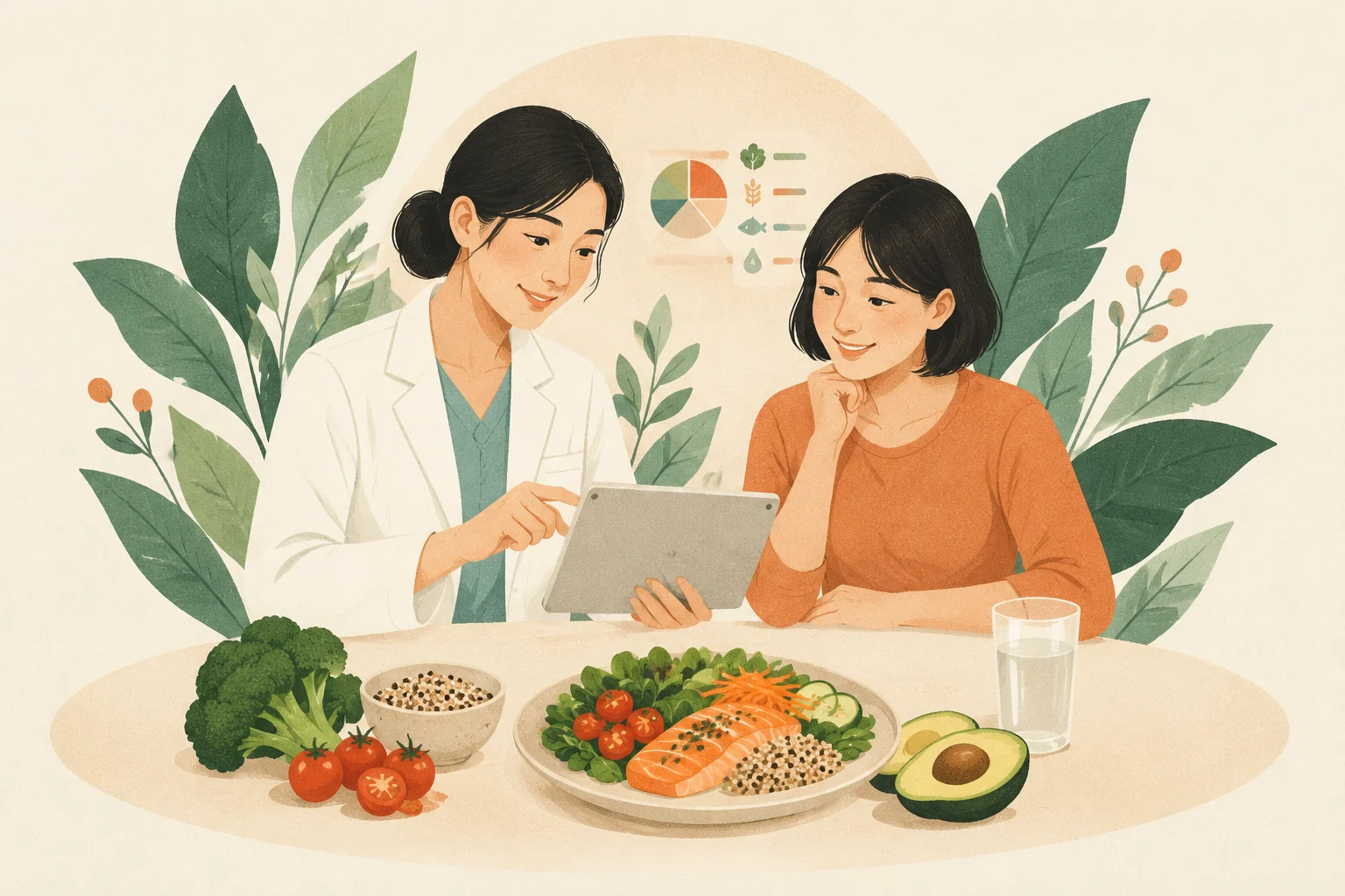 营养师与用户一起规划均衡饮食,桌上摆放蔬菜、谷物和鱼肉